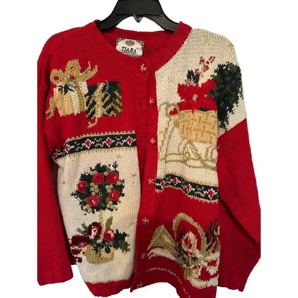 Tiara International Women's Red Embroidered Festive Holiday Cardigan Size M - Picture 3 of 6